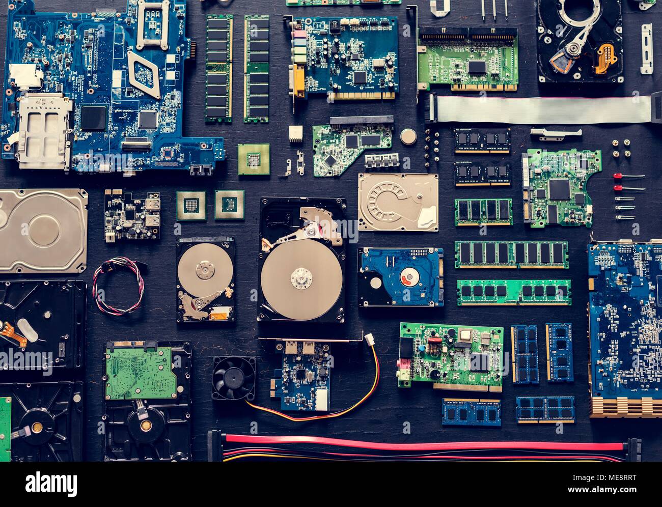Aerial view of computer electronics componets parts flatlay Stock Photo