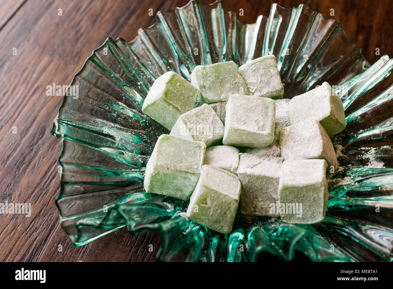 Turkish Delight with Mint Aroma in glass bowl. Traditional Dessert. Stock Photo