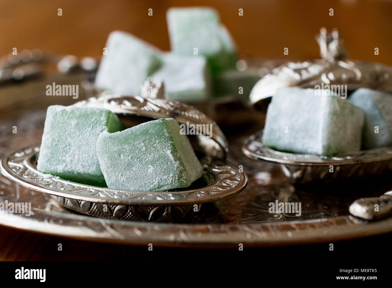 Turkish Delight with Mint Aroma on silver tray. Traditional Dessert Stock Photo