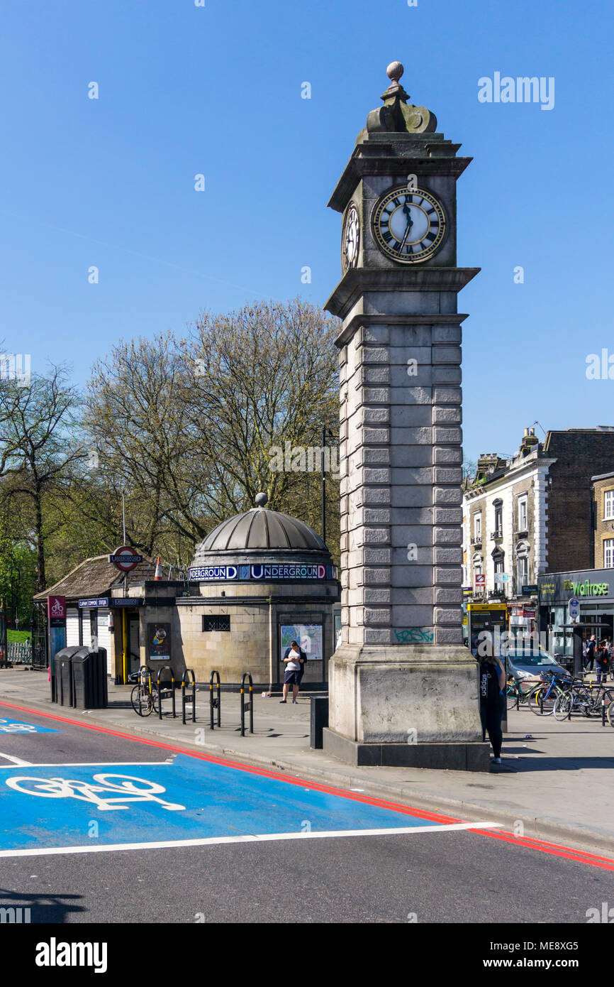 Clapham Common underground station and clock tower at Clapham Old Town, south London. Stock Photo