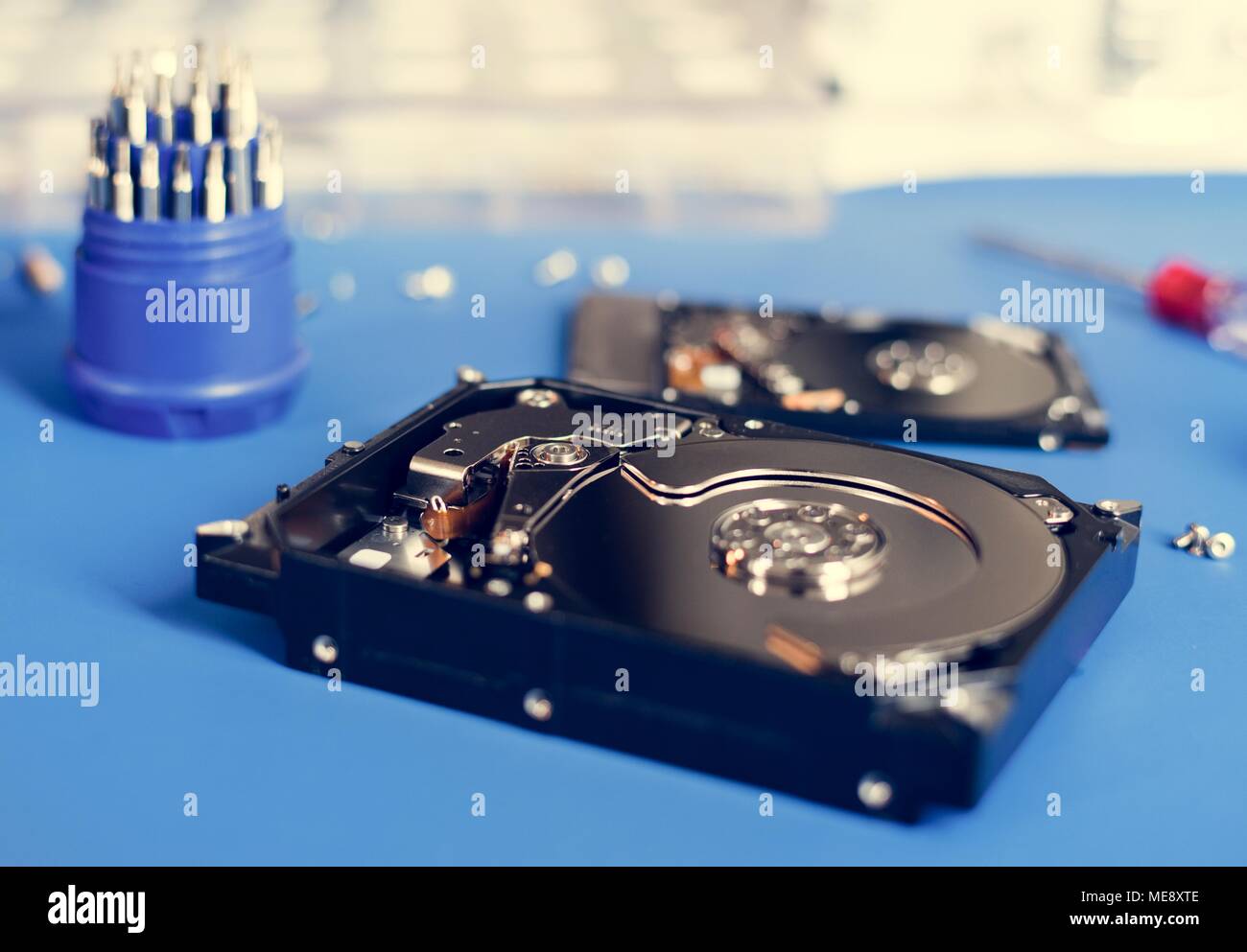 HDD open ready to repair on the table Stock Photo