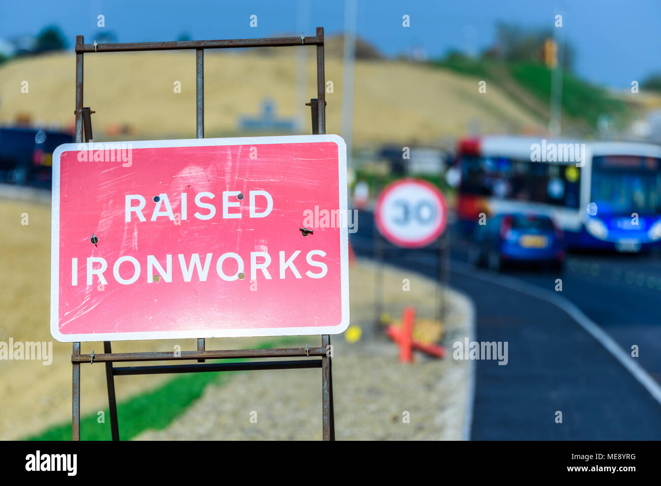 Raised Ironworks Roadworks sign on UK motorway Stock Photo Alamy