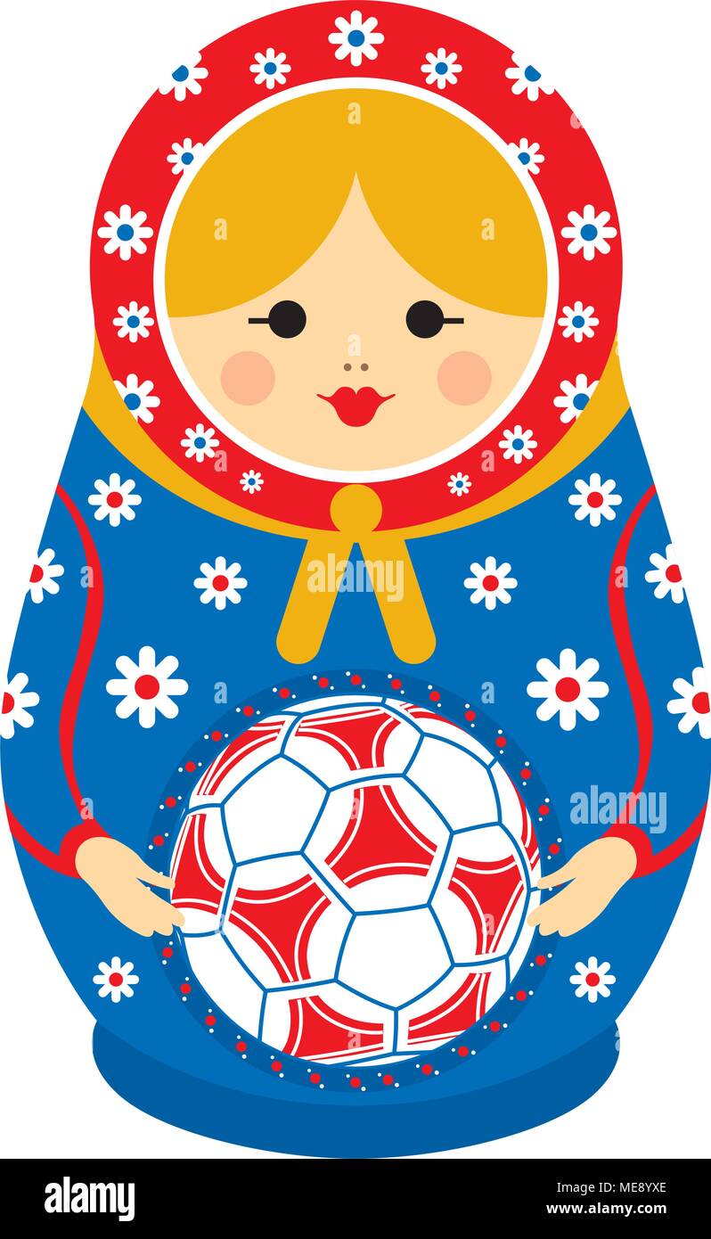 Drawing of a Matryoshka in red and blue holding a soccer ball in her