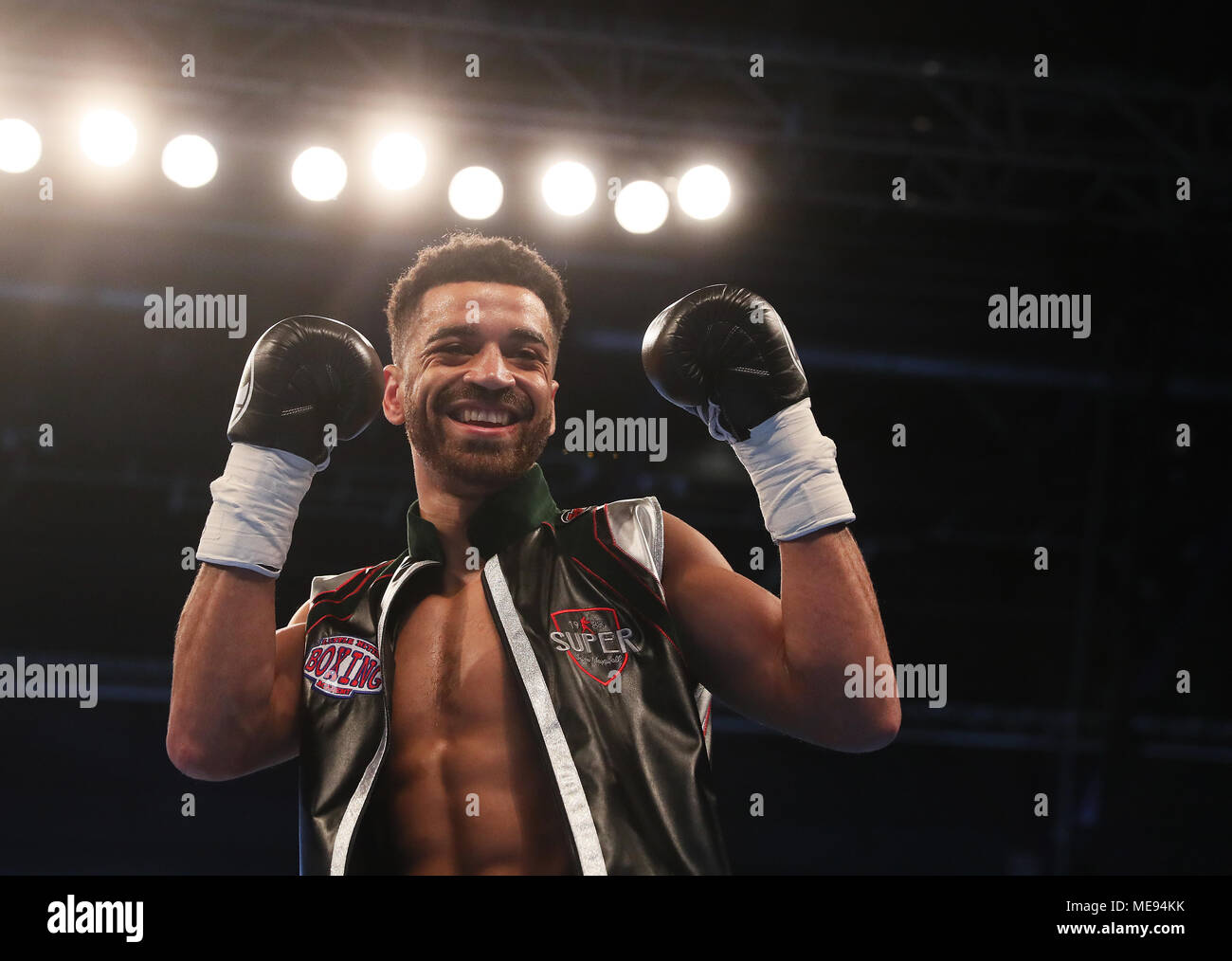Sam Maxwell celebrates after a first round knock out victory over Michael Issac Carrero during their Super-Lightweight bout at the SSE Arena, Belfast. Stock Photo
