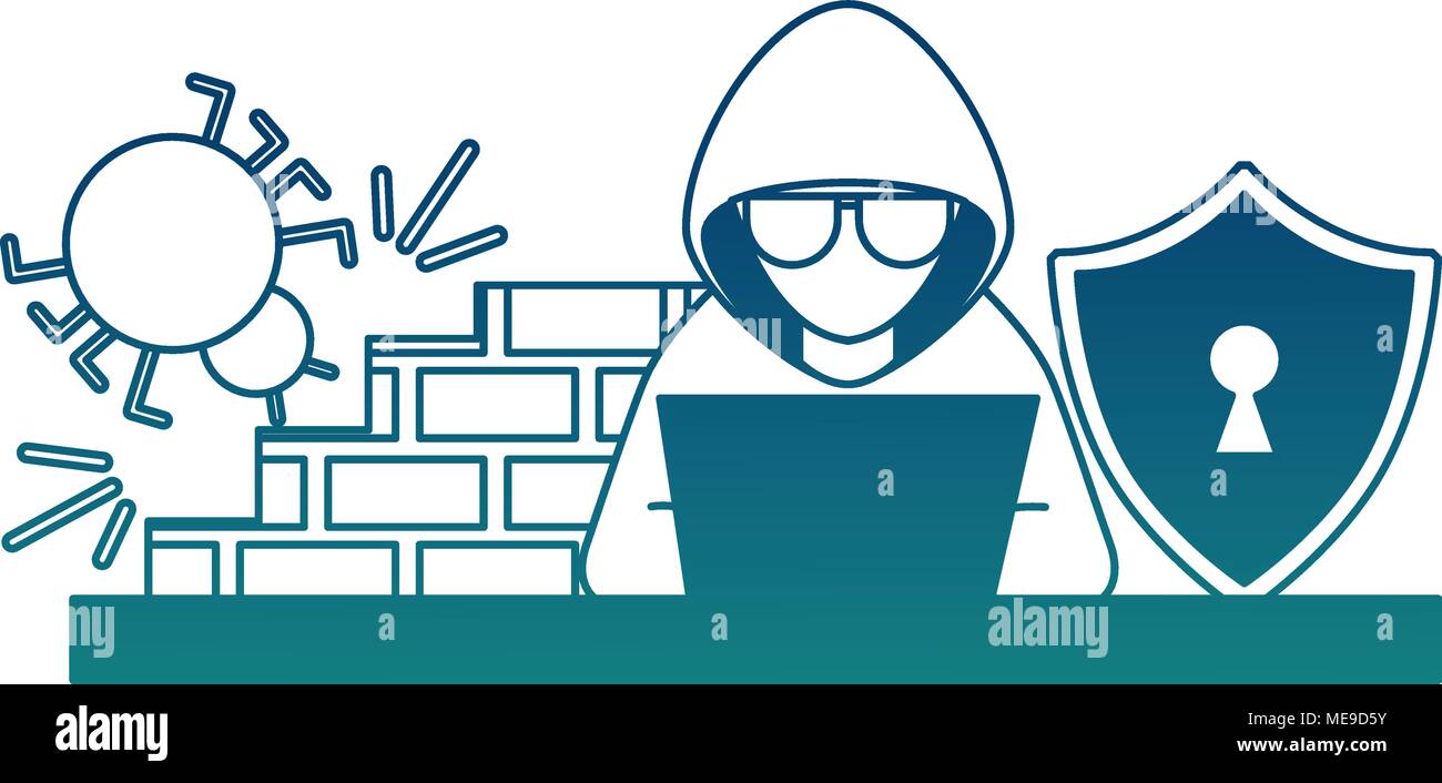 cyber security hacker working laptop bug firewall shield Stock Vector
