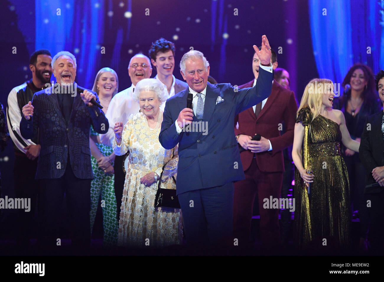 Queen Elizabeth II and the Prince of Wales with Sir Tom Jones (left