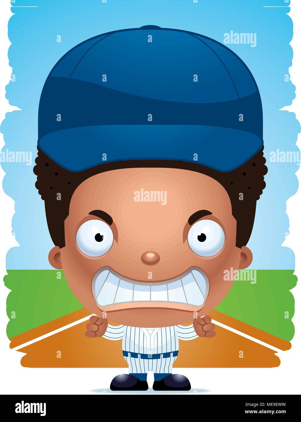 A cartoon illustration of a boy baseball player with an angry