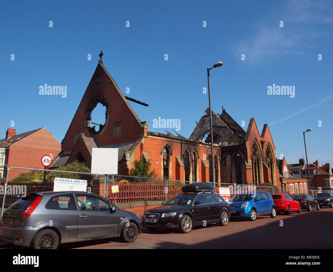 A blaze ripped through the former 'Trinity United Reform Church' in Esplanade, Whitley Bay. North Tyneside, Newcastle Upon Tyne. Stock Photo