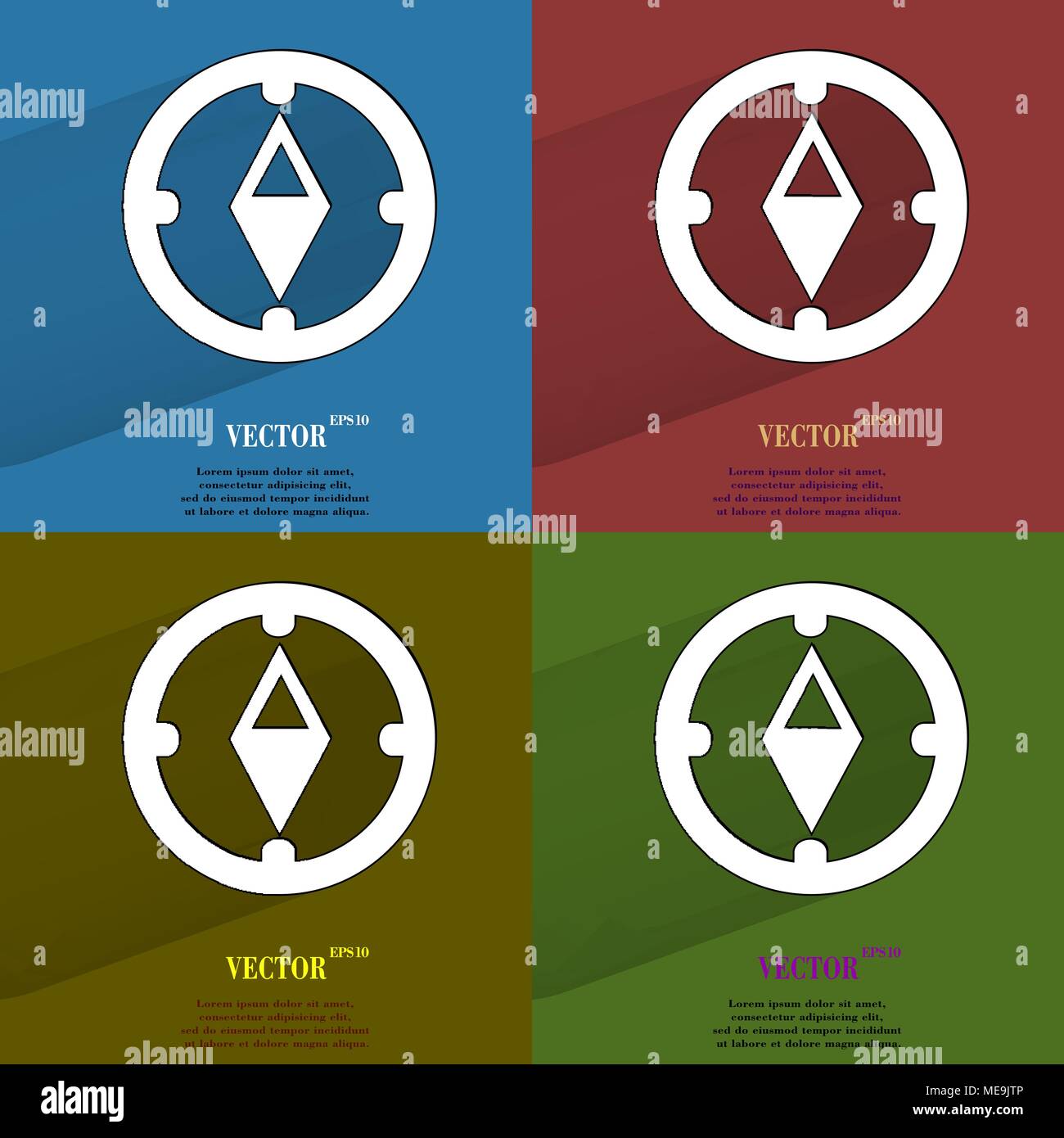 Color set Compass. Flat modern web button with long shadow and space for your text. Vector. EPS10 Stock Vector