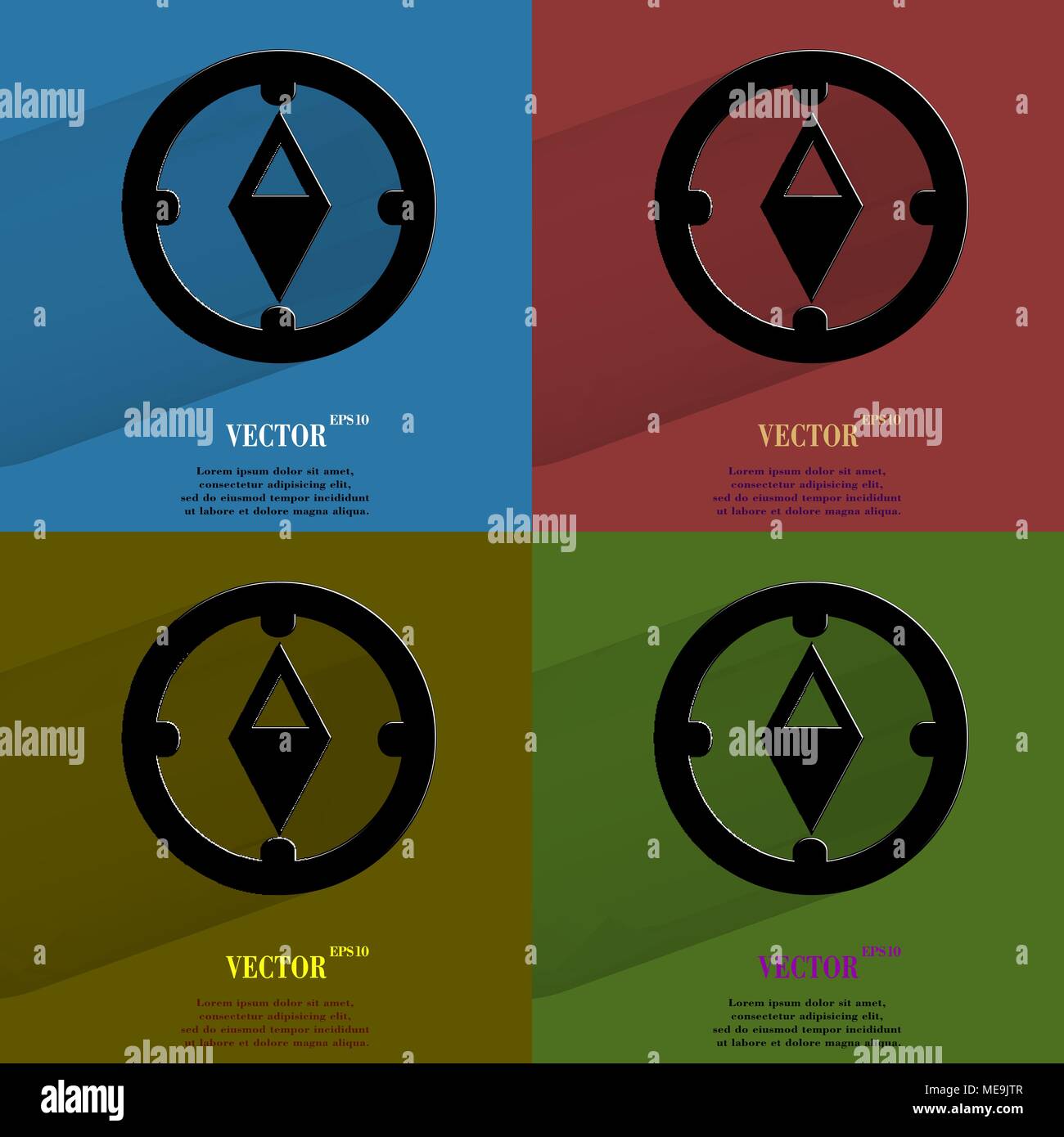 Color set Compass. Flat modern web button with long shadow and space for your text. Vector. EPS10 Stock Vector