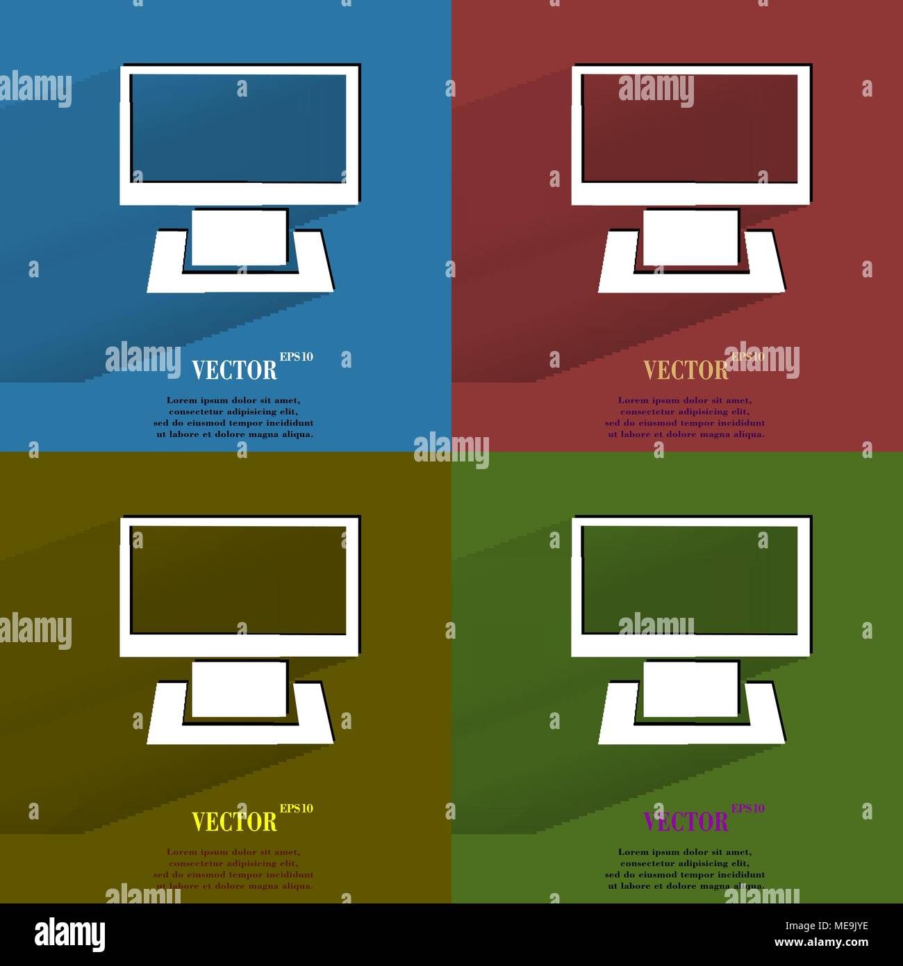 Color set Computer. Flat modern web button with long shadow and space for your text. Vector. EPS10 Stock Vector