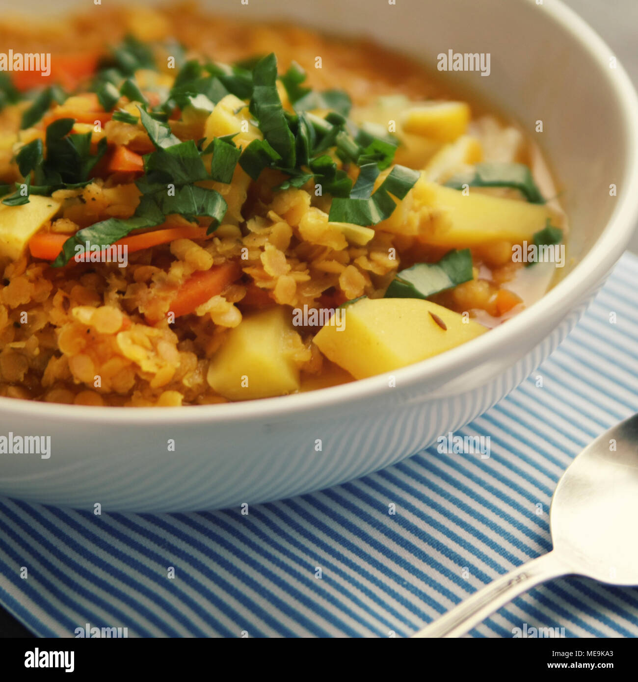 Red lentil stew on the round white plate. Close up. Vegan dish with potato, carrot and turmeric. European cuisine. Vegetarian lunch. Toned photo. Stock Photo