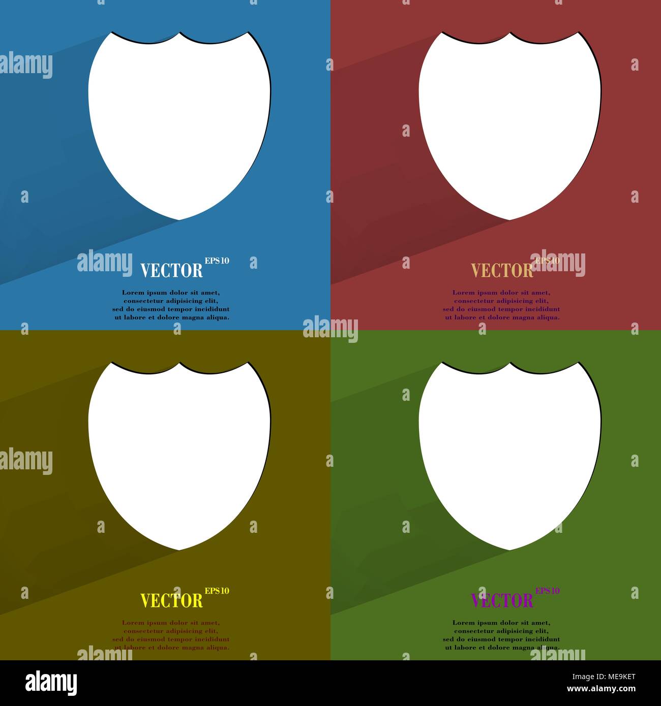 Color set Shield protection. Flat modern web button with long shadow and space for your text. Vector. EPS10 Stock Vector