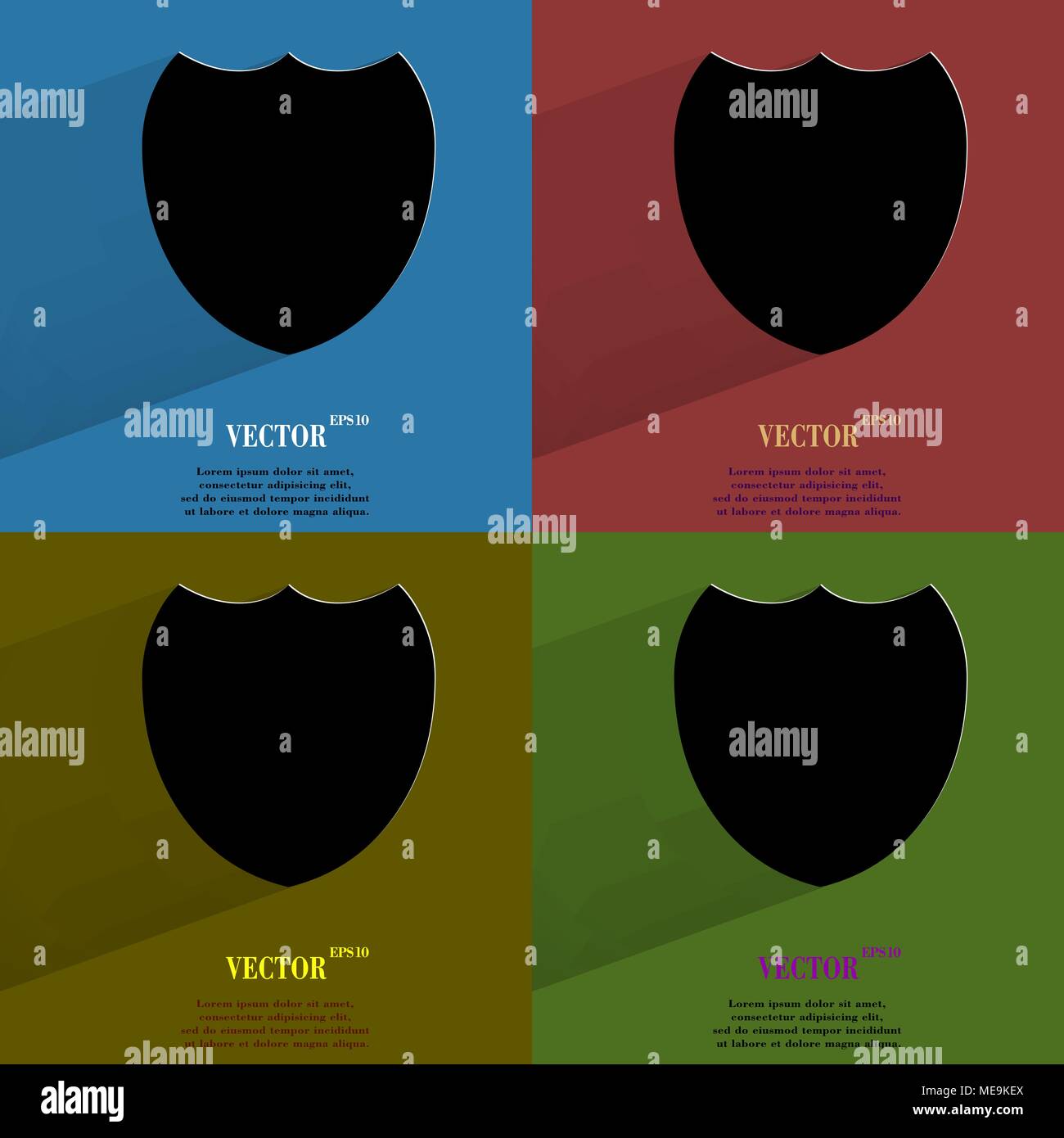 Color set Shield protection. Flat modern web button with long shadow and space for your text. Vector. EPS10 Stock Vector