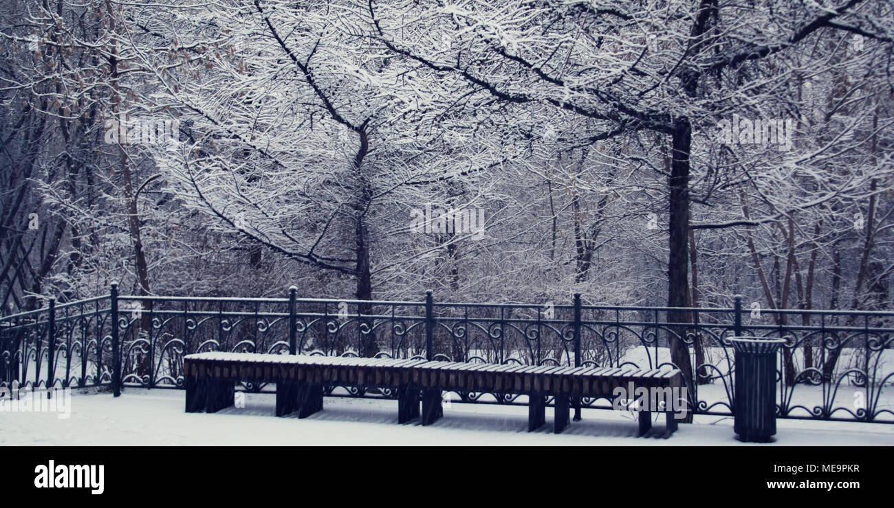 A snowy day. Empty bench in the park. Winter scene. Aged photo. Snow ...