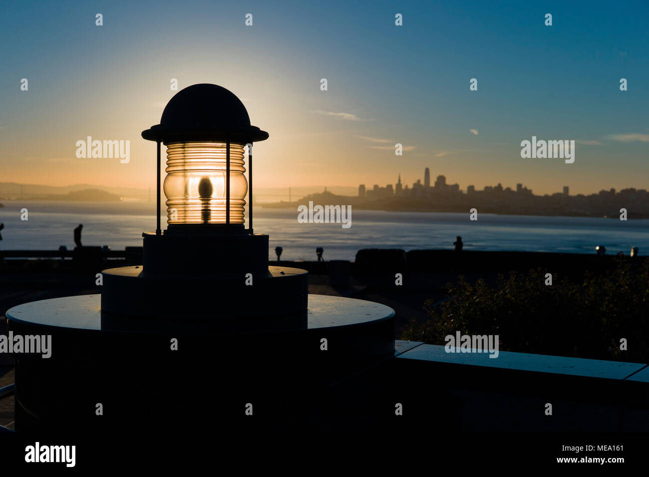 Lantern illuminated by the rising sun Vista Point Marin County Golden Gate San Francisco California USA Stock Photo