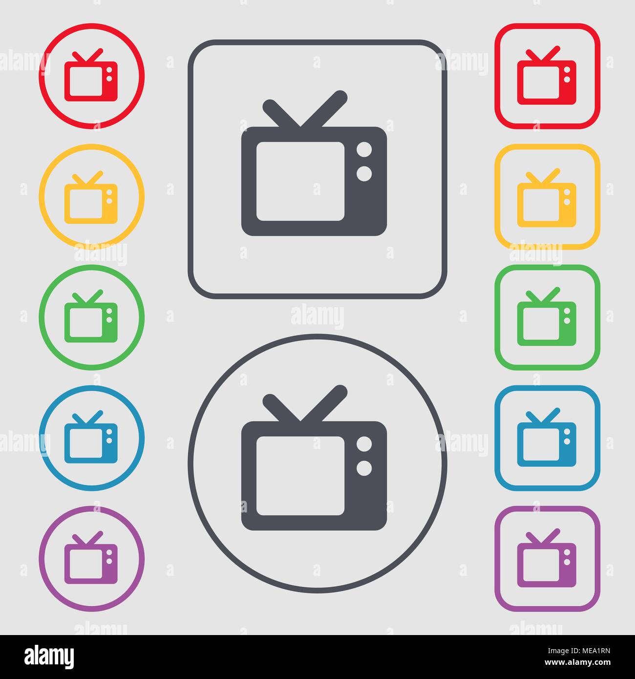 Retro TV icon sign. symbol on the Round and square buttons with frame ...