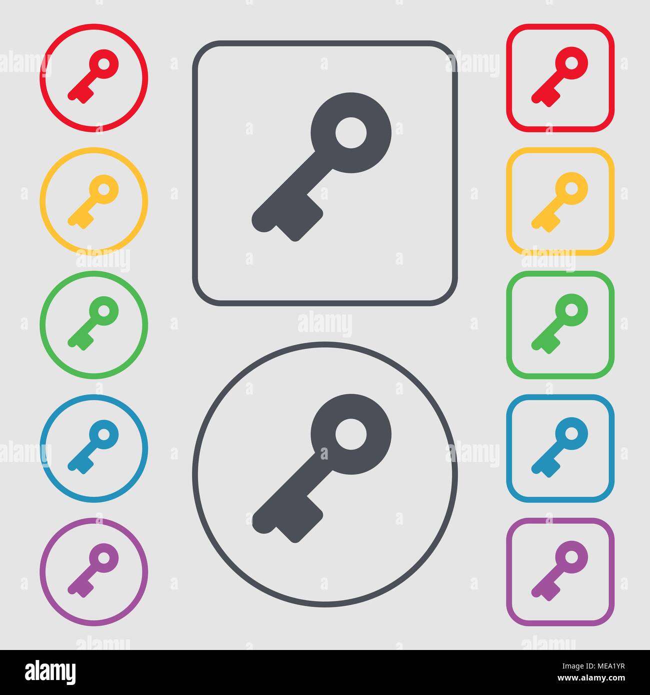 Key icon sign. symbol on the Round and square buttons with frame ...