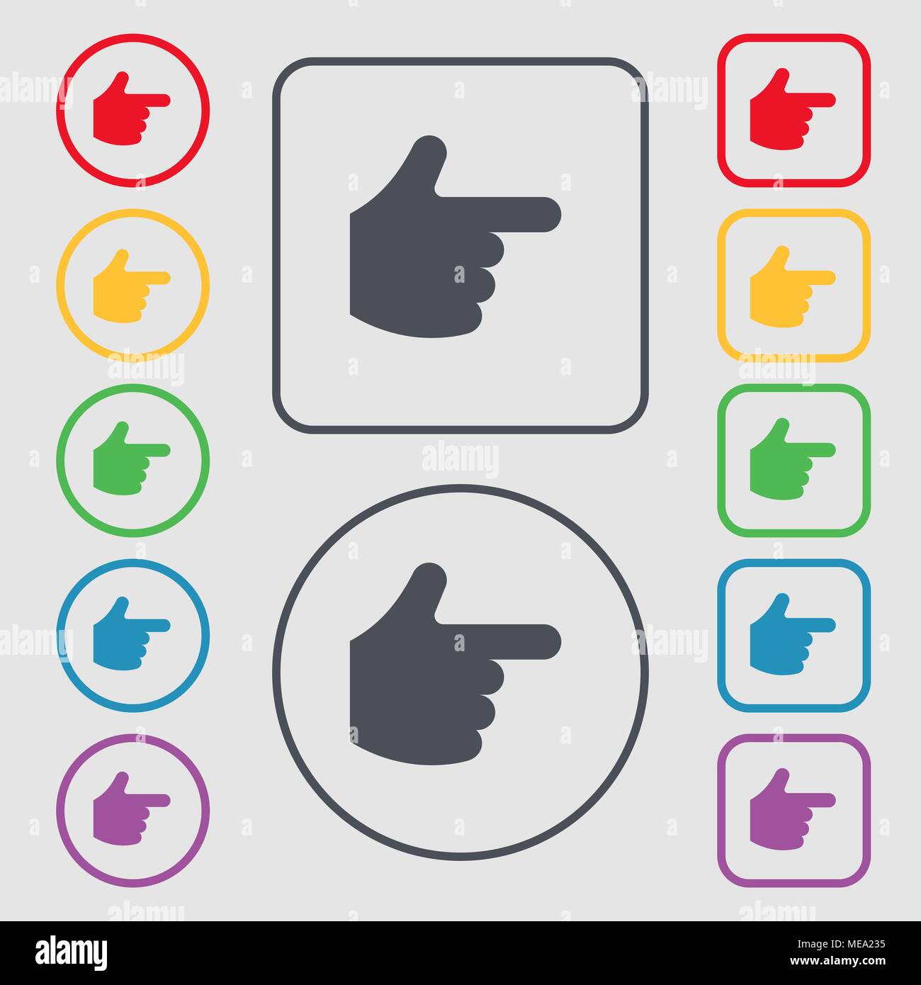 pointing hand icon sign. symbol on the Round and square buttons with ...