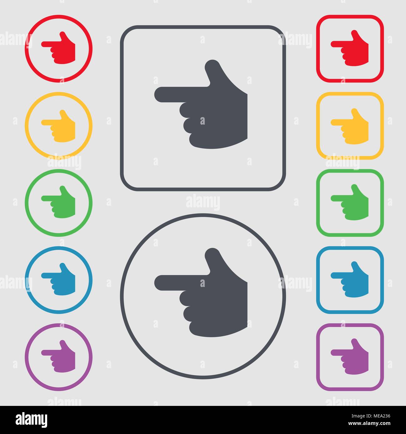 pointing hand icon sign. symbol on the Round and square buttons with ...
