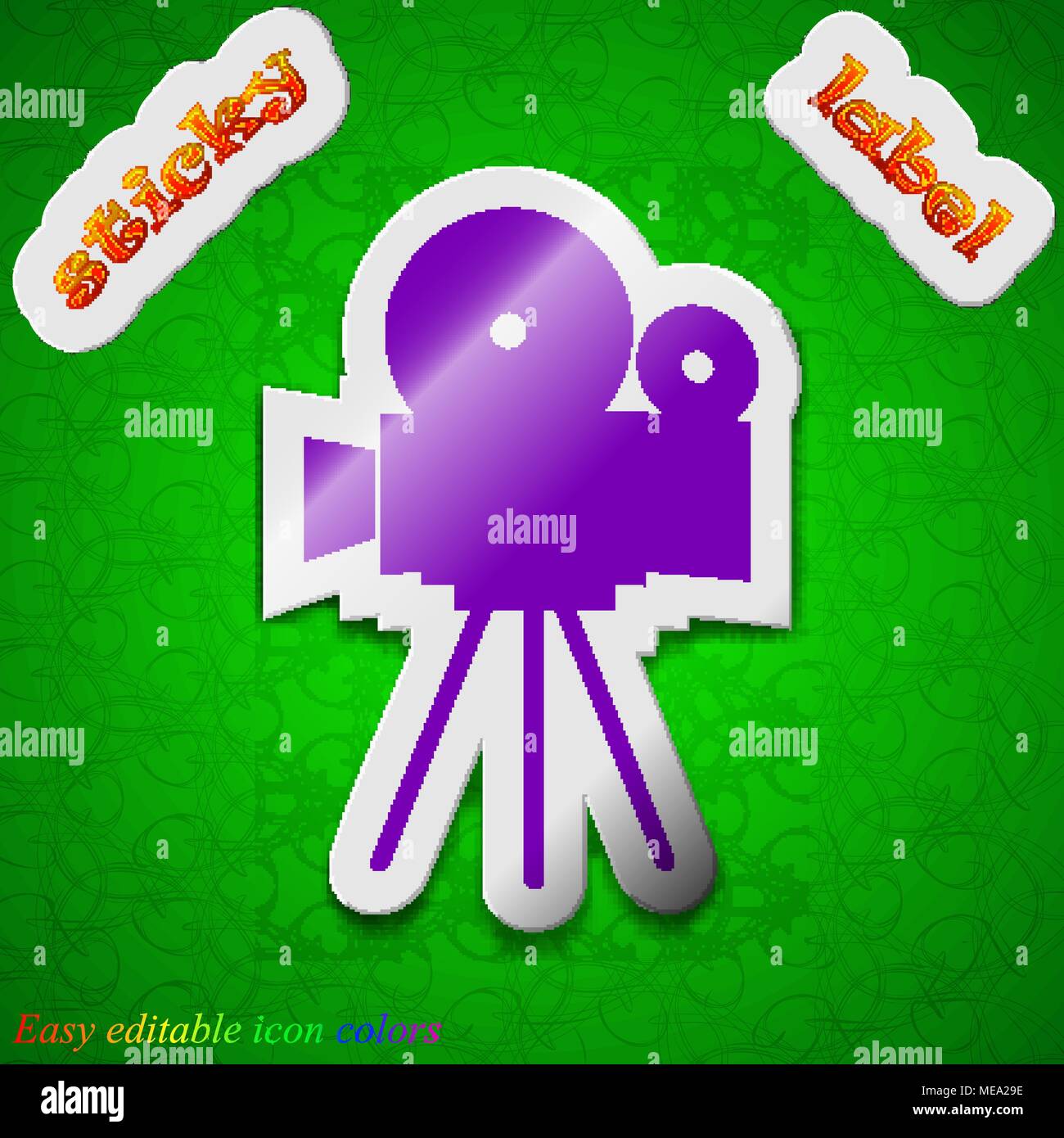 Video camera icon sign. Symbol chic colored sticky label on green ...