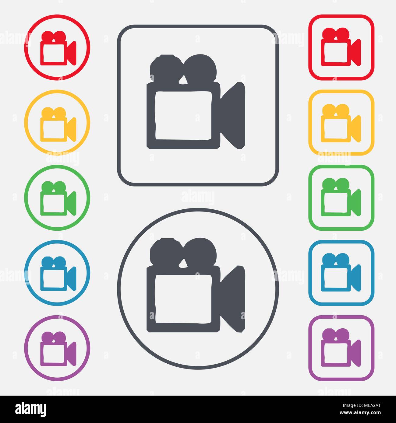camcorder icon sign. symbol on the Round and square buttons with frame