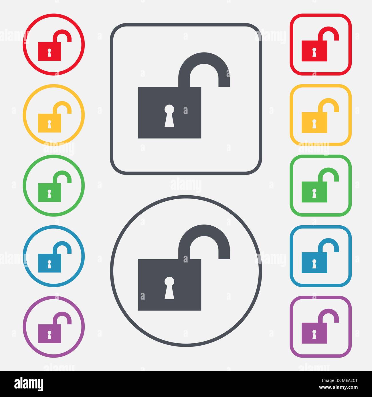 open lock icon sign. symbol on the Round and square buttons with frame