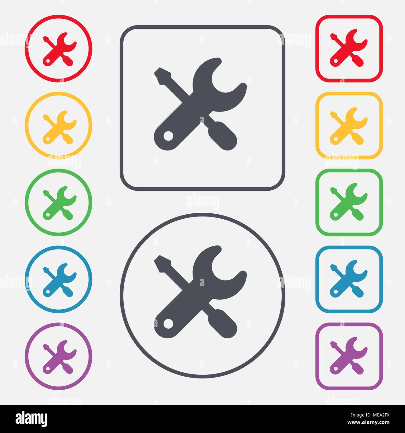 screwdriver, key, settings icon sign. symbol on the Round and square ...