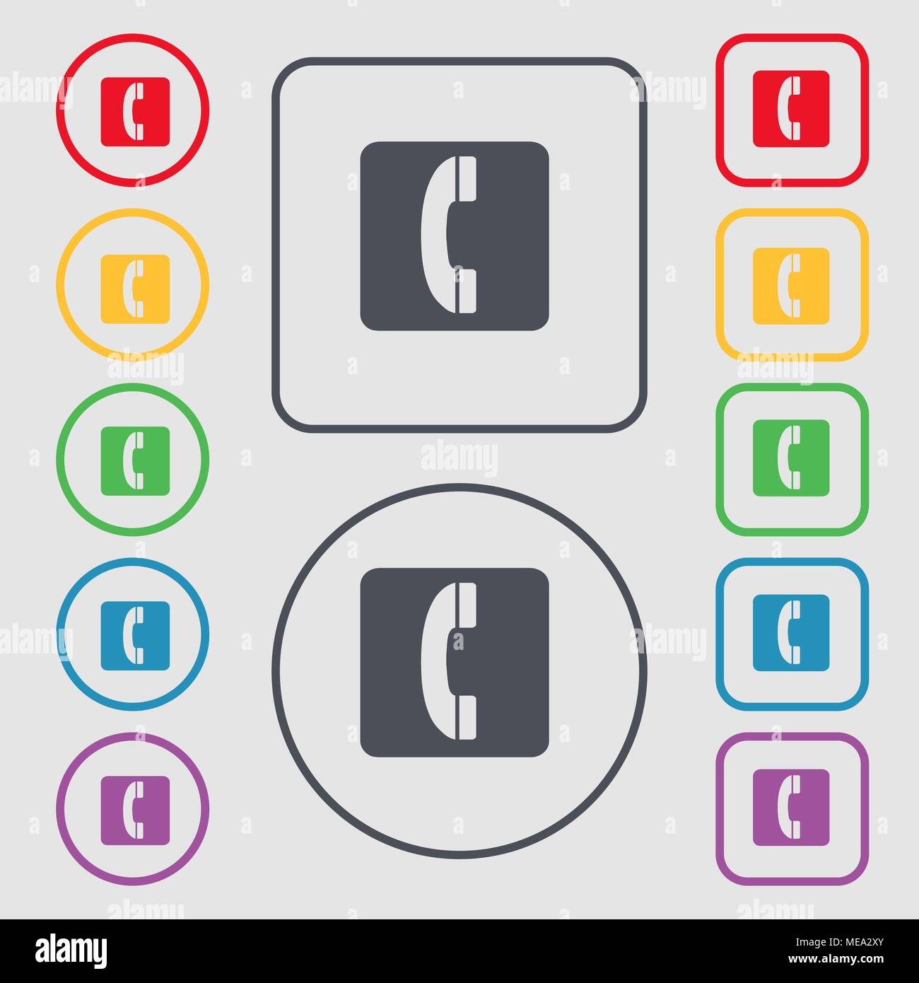 handset icon sign. symbol on the Round and square buttons with frame ...