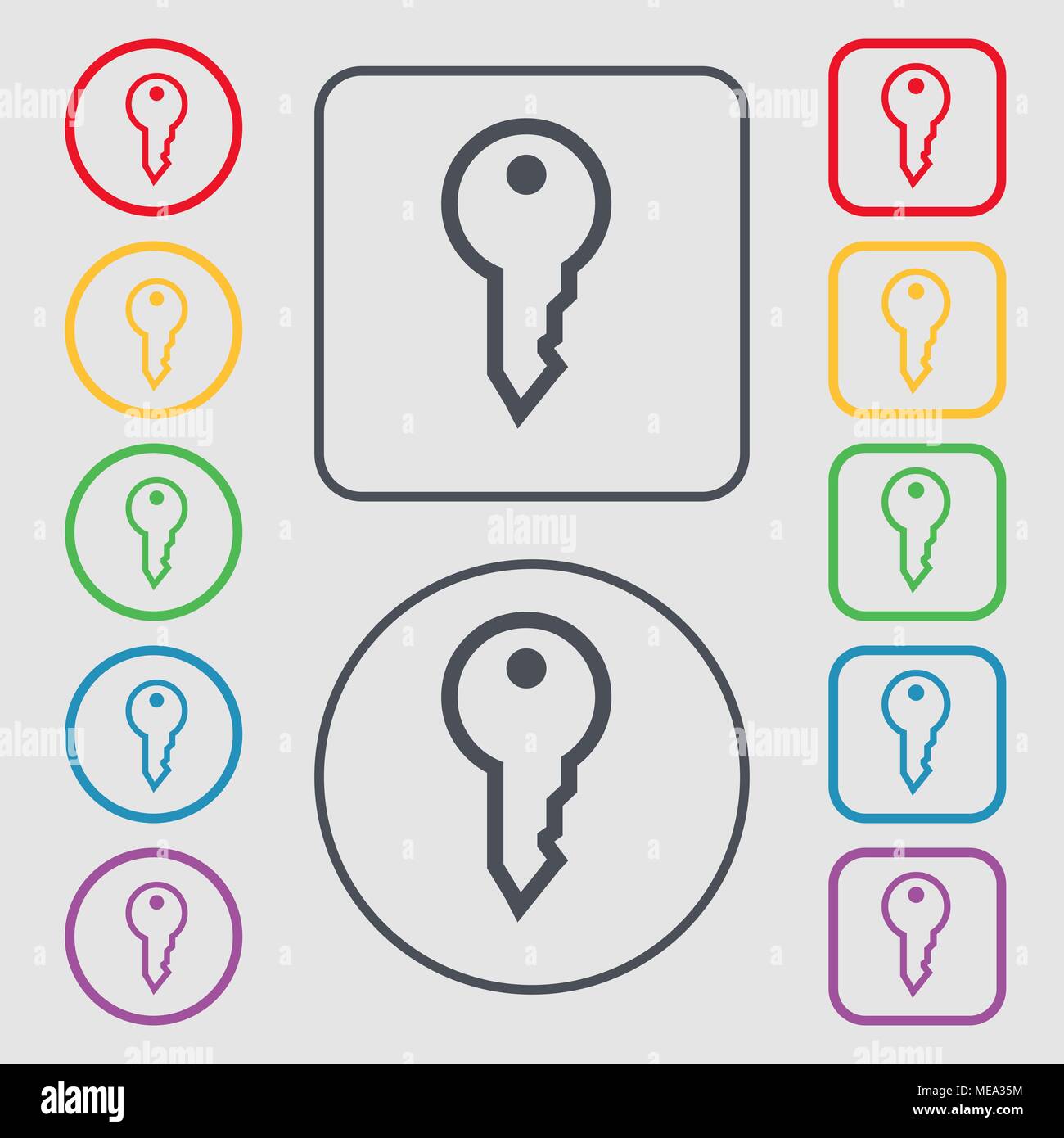 Key icon sign. symbol on the Round and square buttons with frame ...