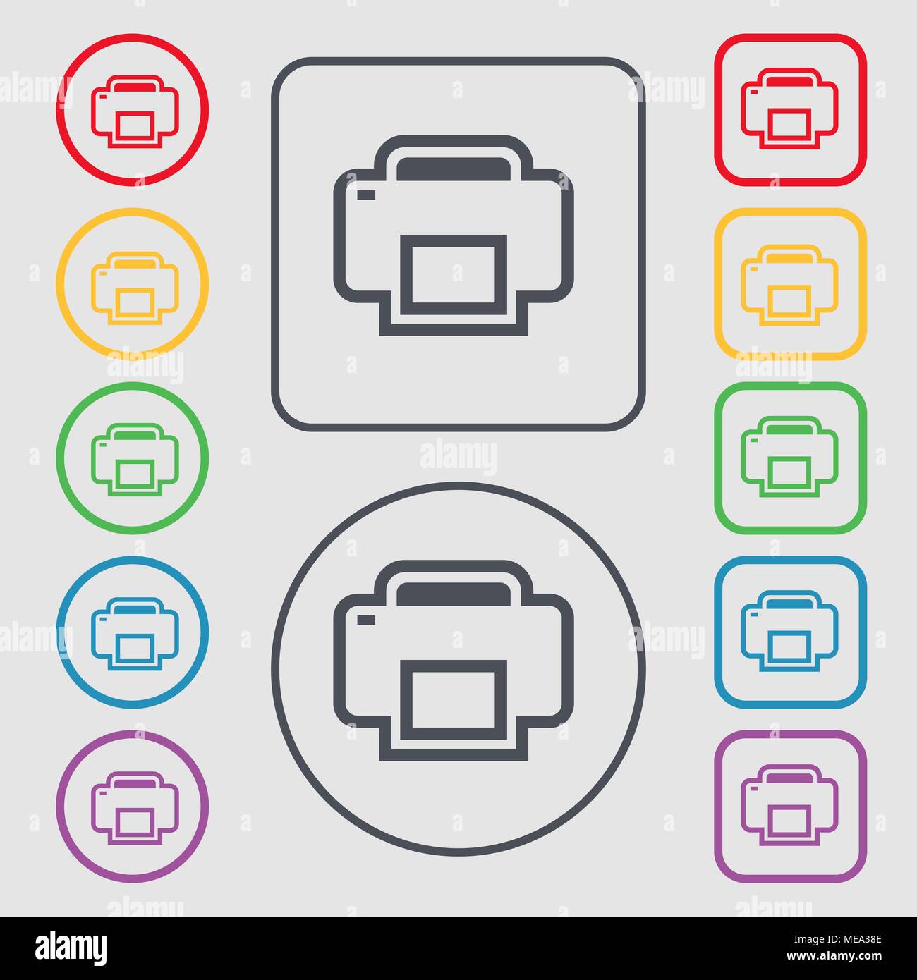 Printing icon sign. symbol on the Round and square buttons with frame ...