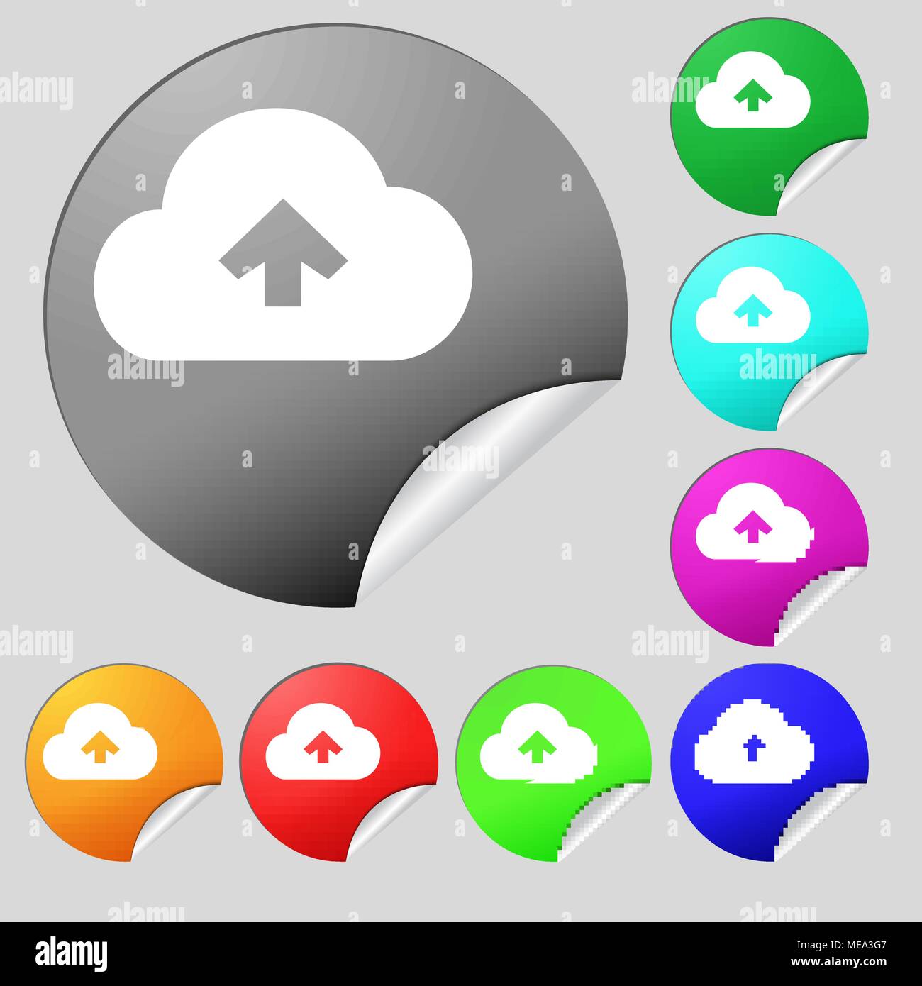 Upload from cloud icon sign. Set of eight multi-colored round buttons ...