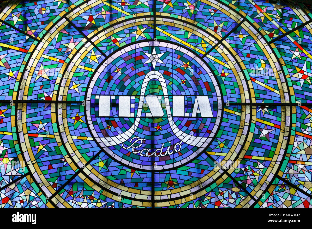 Stained glass mosaic advertising Tesla Radio which was a state-owned electrotechnical conglomerate in the former Czechoslovakia in Passage Svetozor one of the small shopping alleyways in the backstreets around Wenceclas Square in Nove mesto district in Prague Czech republic Stock Photo