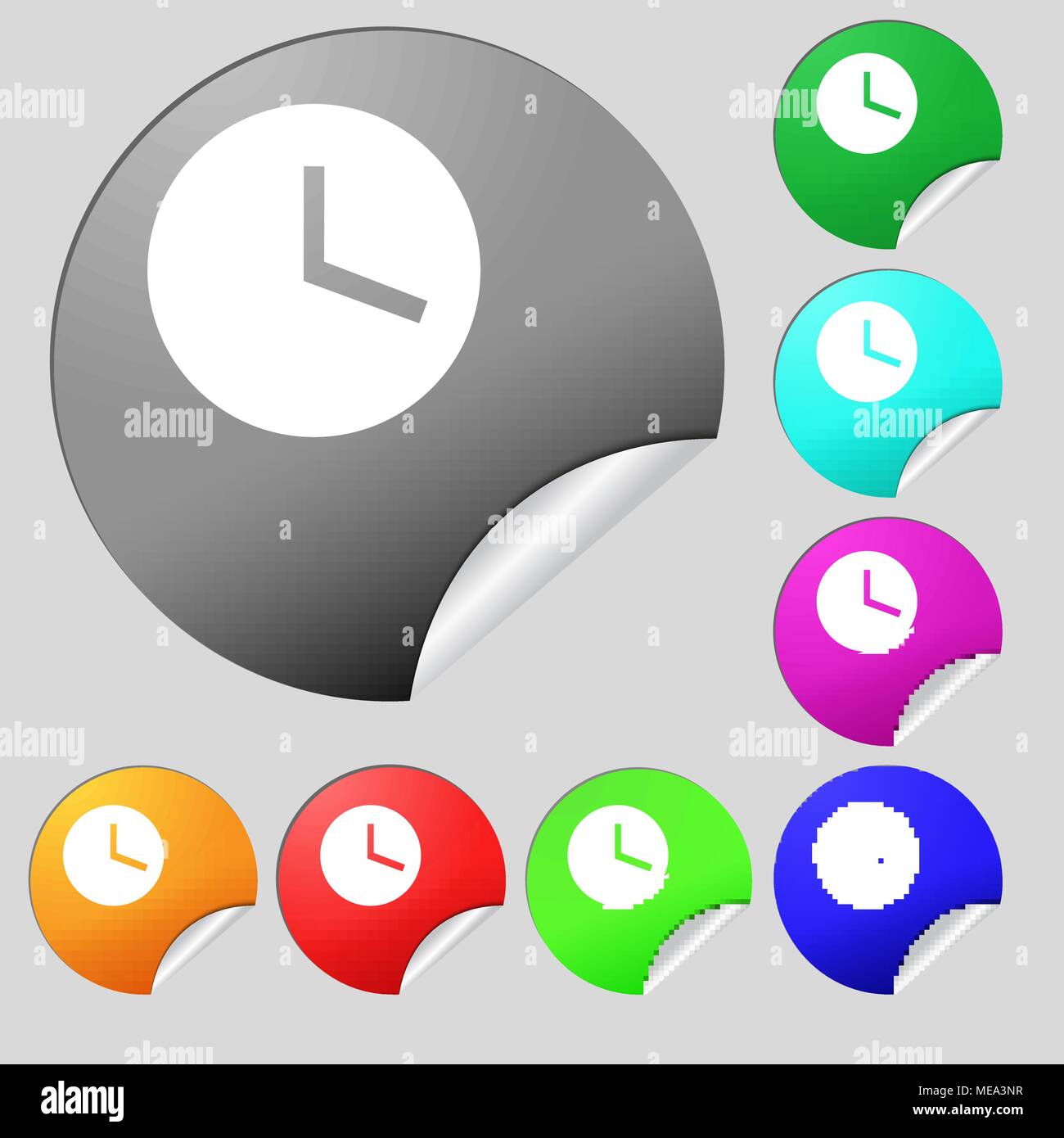 Mechanical Clock icon sign. Set of eight multi-colored round buttons ...