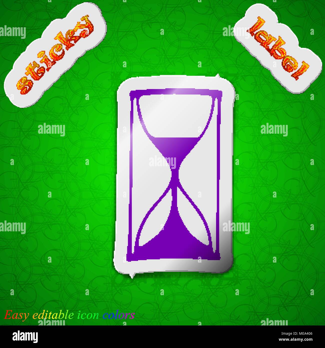 hourglass icon sign. Symbol chic colored sticky label on green ...