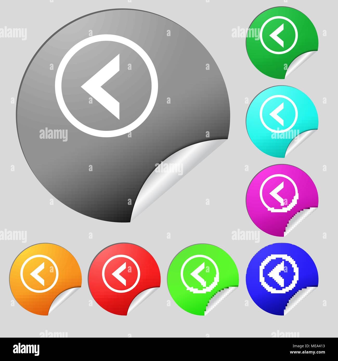 Arrow left, Way out icon sign. Set of eight multi-colored round buttons ...