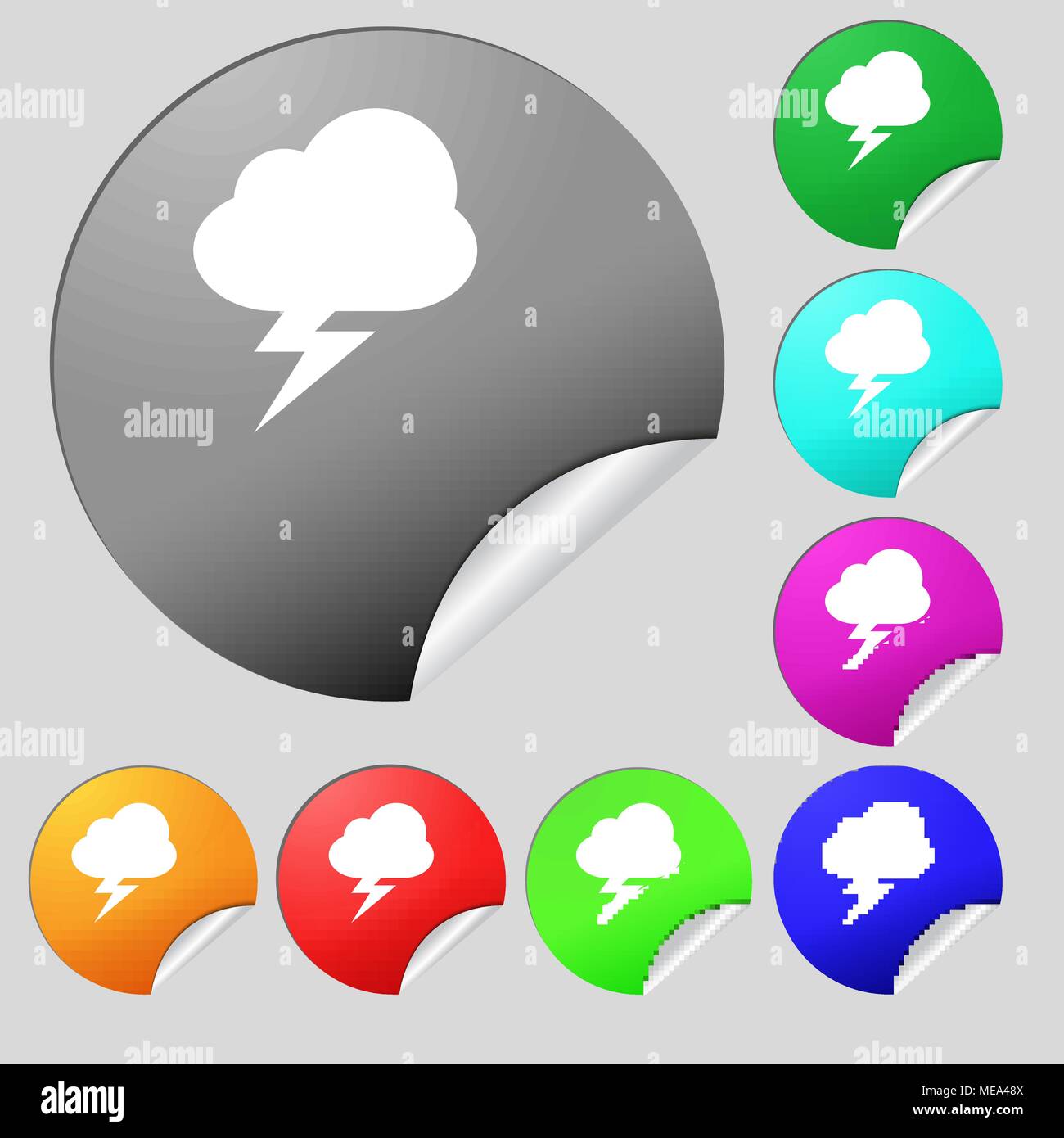 storm icon sign. Set of eight multi-colored round buttons, stickers ...