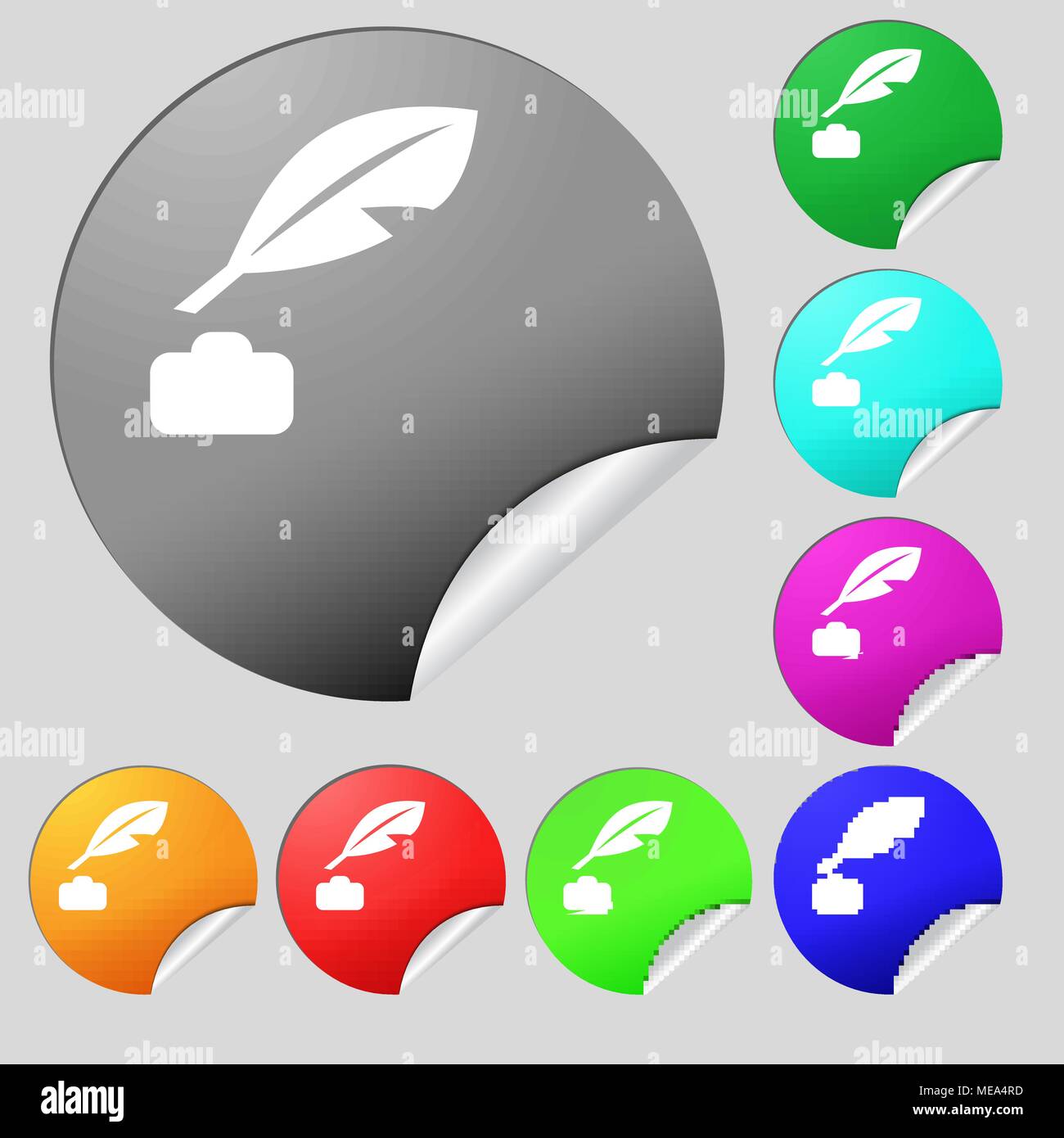 Feather, Retro pen icon sign. Set of eight multi-colored round buttons ...