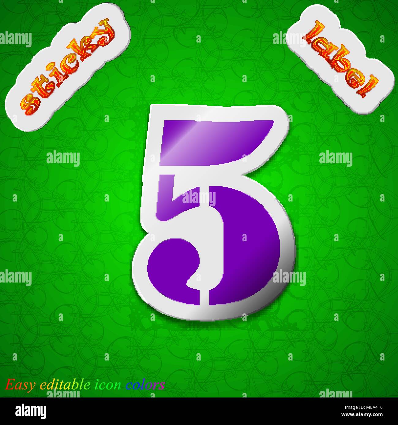 number five icon sign. Symbol chic colored sticky label on green ...