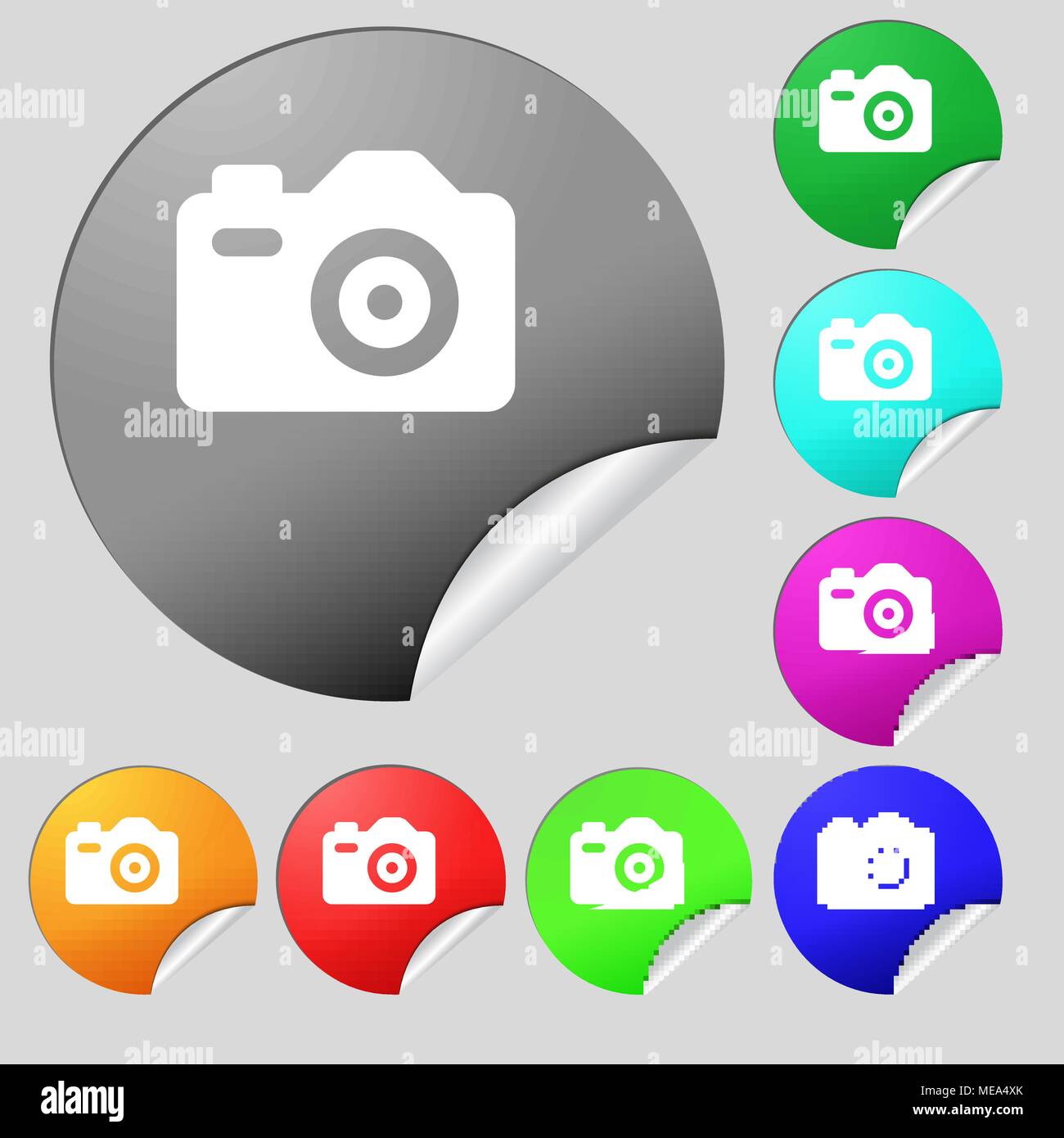 Photo Camera icon sign. Set of eight multi-colored round buttons ...