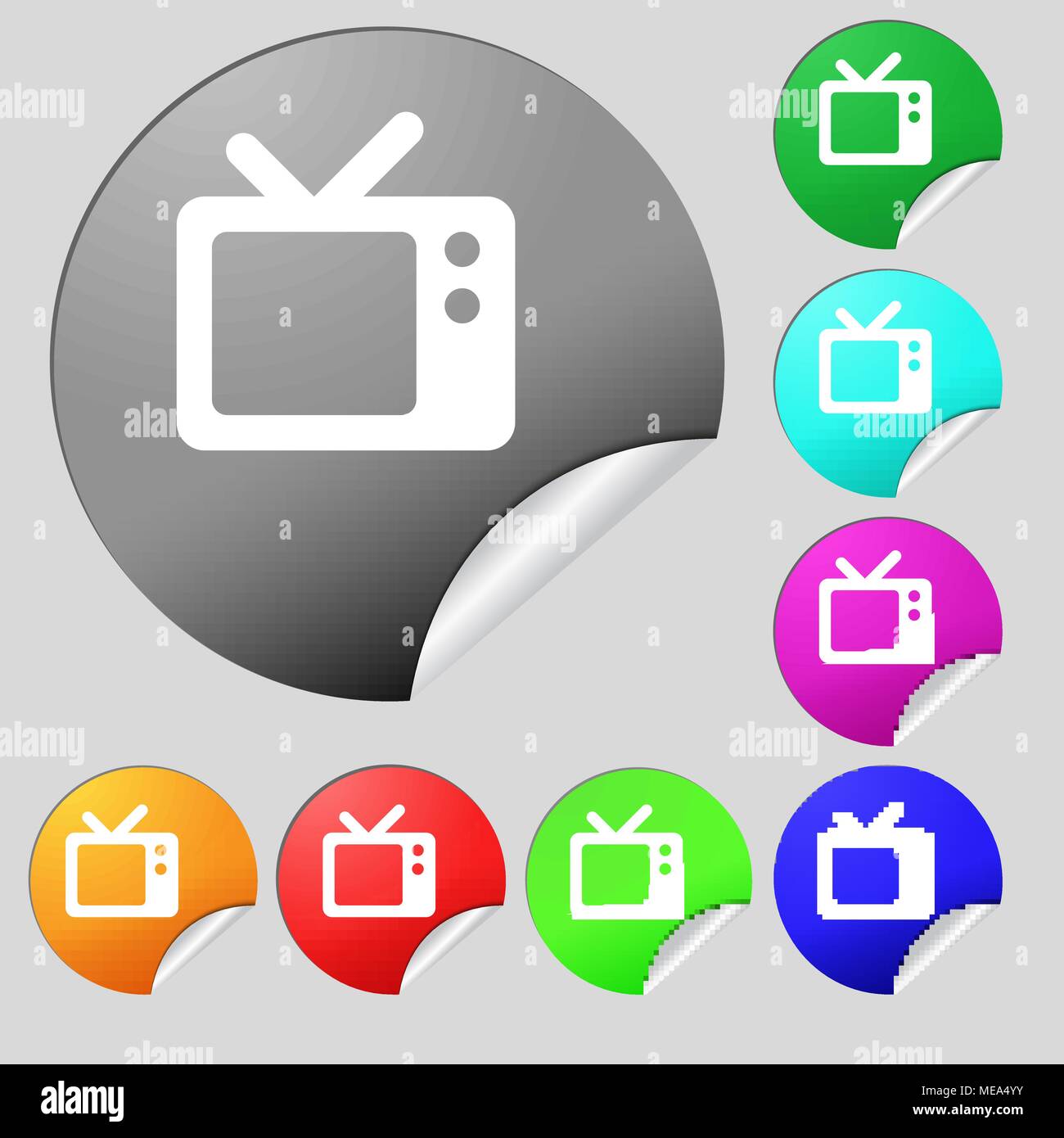 Retro TV icon sign. Set of eight multi-colored round buttons, stickers ...