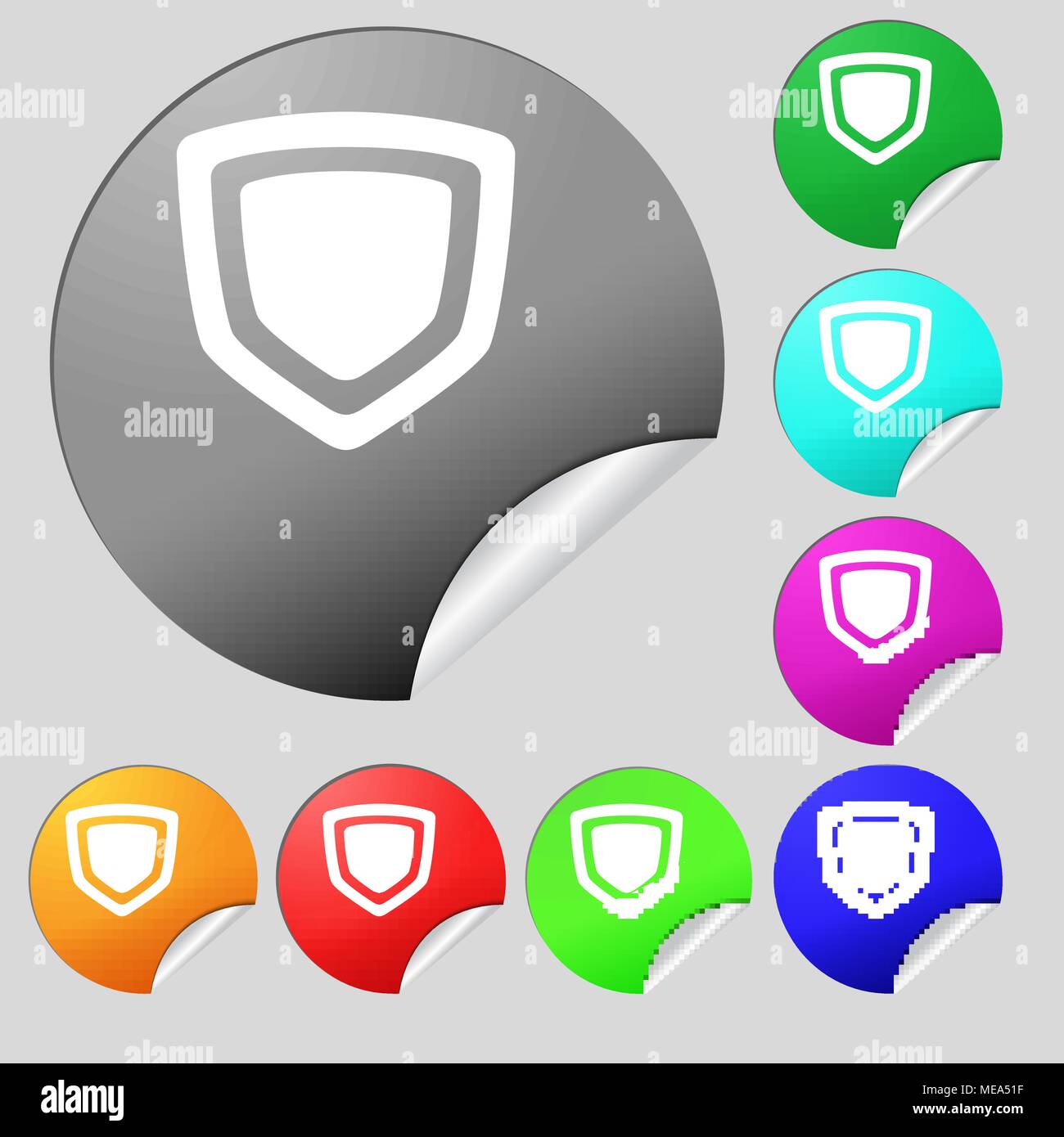 shield icon sign. Set of eight multi-colored round buttons, stickers ...