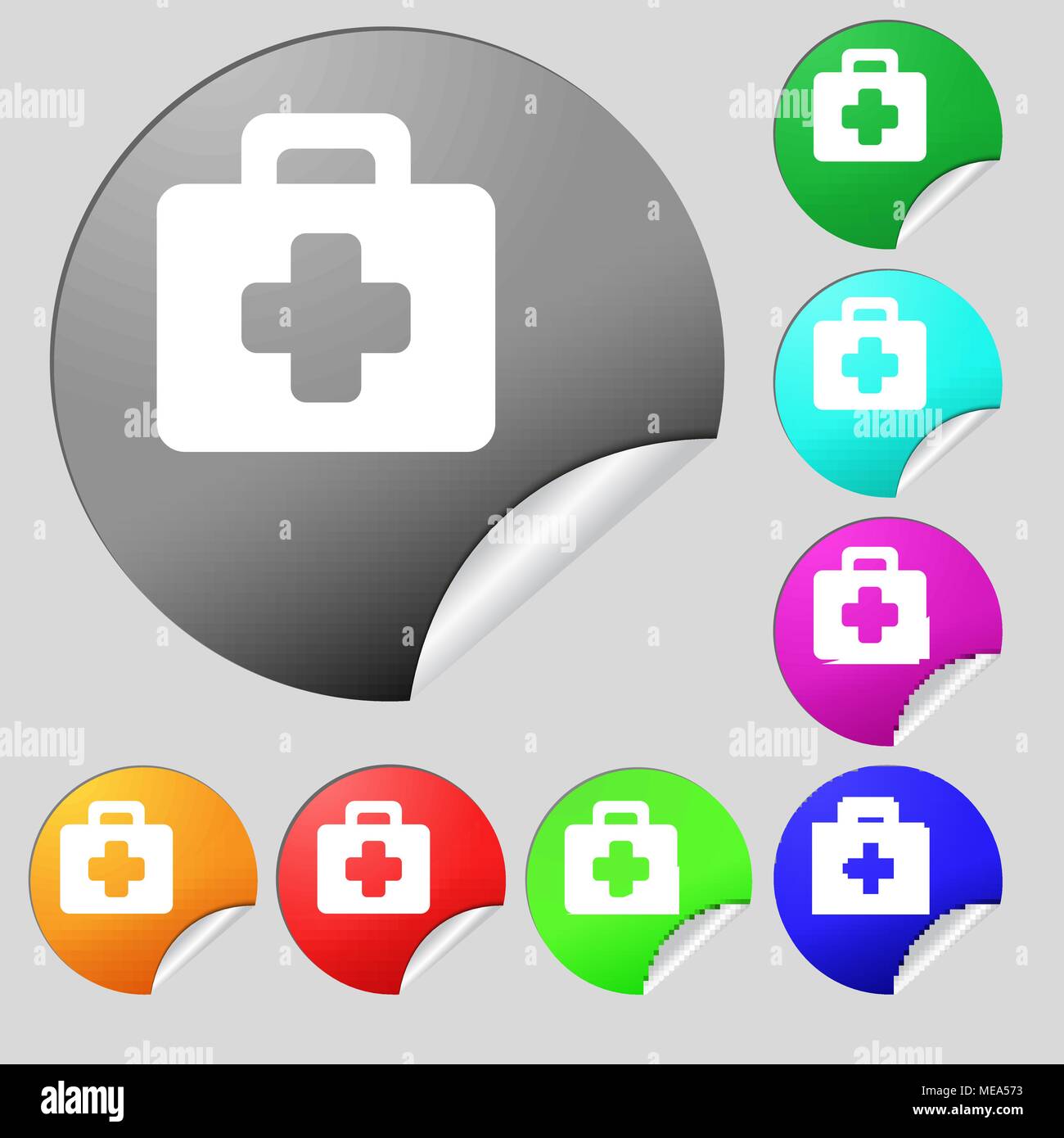 first aid kit icon sign. Set of eight multi colored round buttons ...