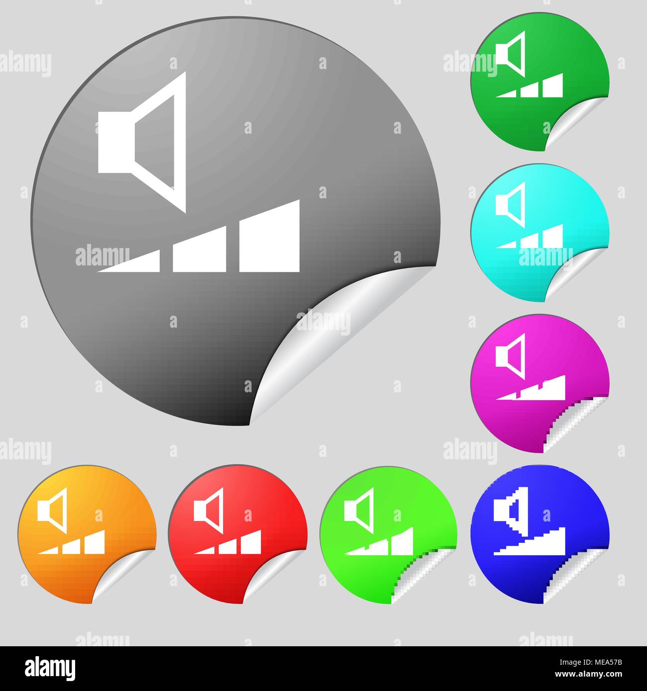 volume, sound icon sign. Set of eight multi colored round buttons ...