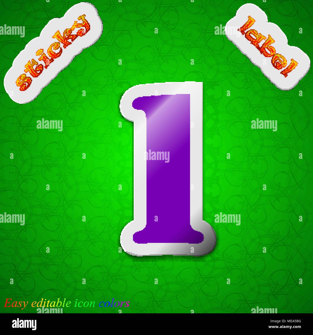 number one icon sign. Symbol chic colored sticky label on green