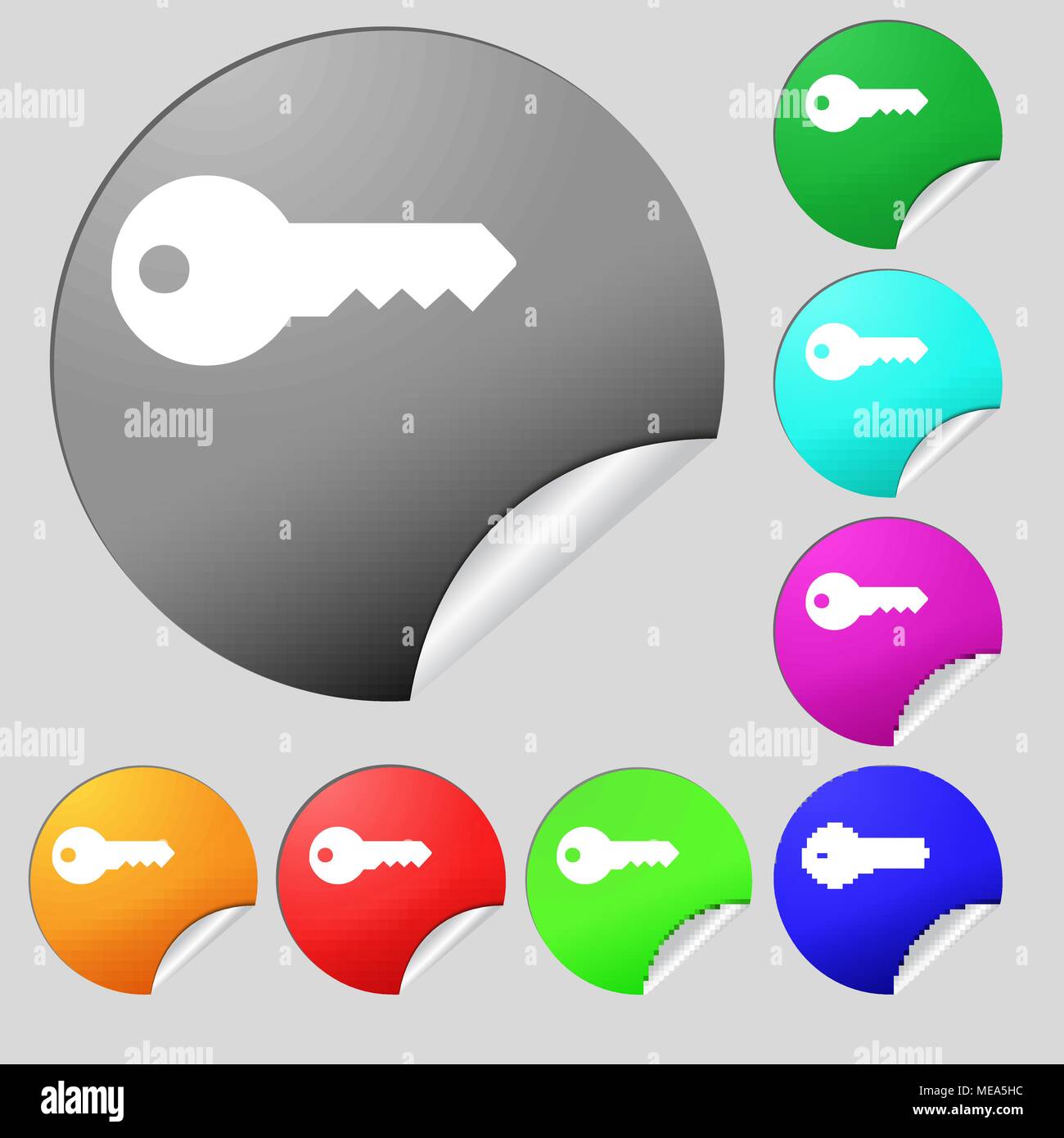 key icon sign. Set of eight multi colored round buttons, stickers ...