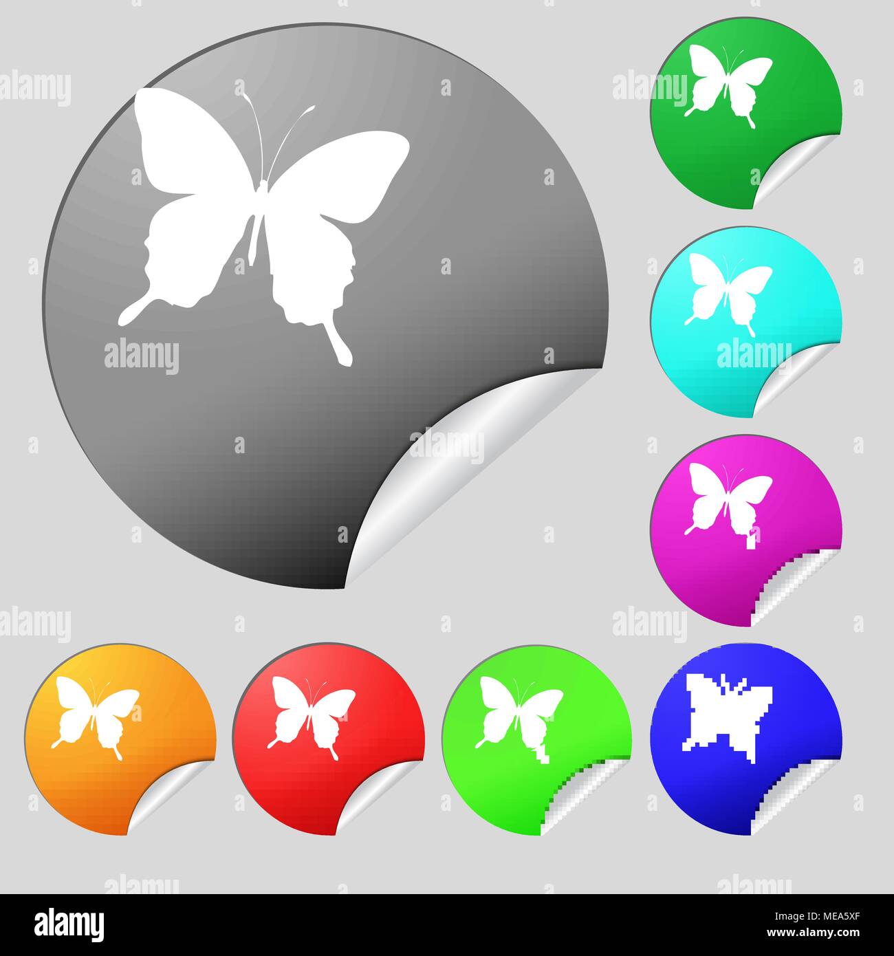butterfly icon sign. Set of eight multi colored round buttons, stickers ...