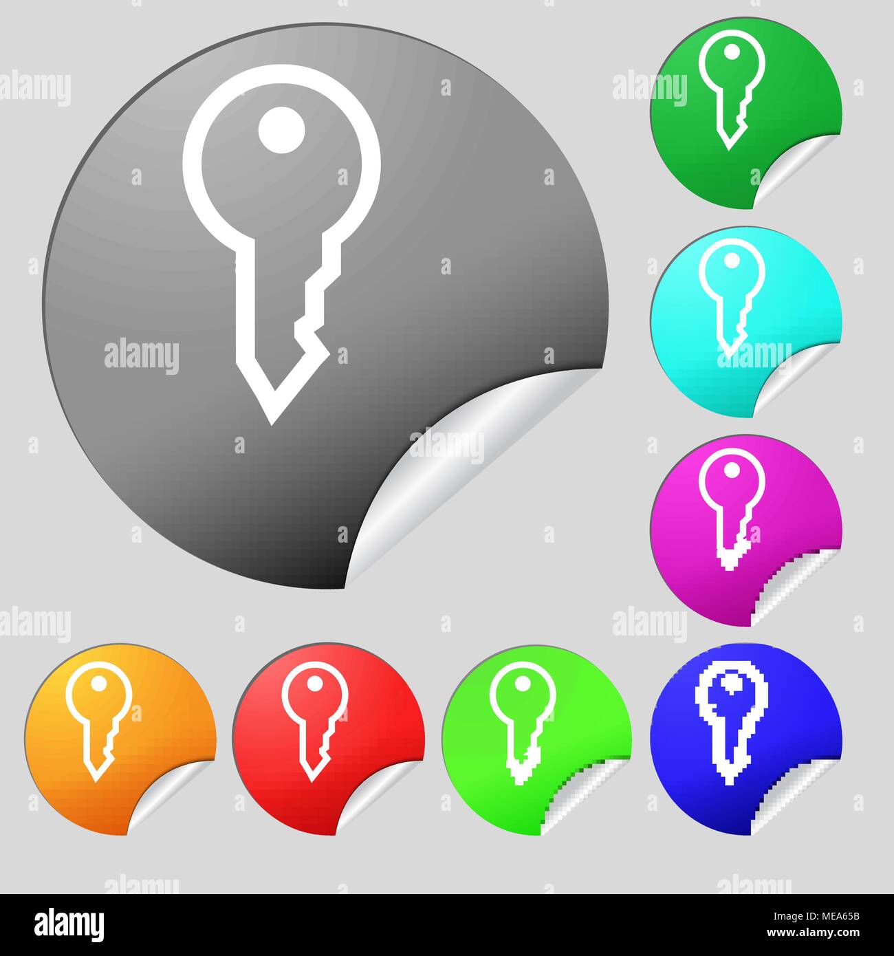 Key icon sign. Set of eight multi colored round buttons, stickers ...