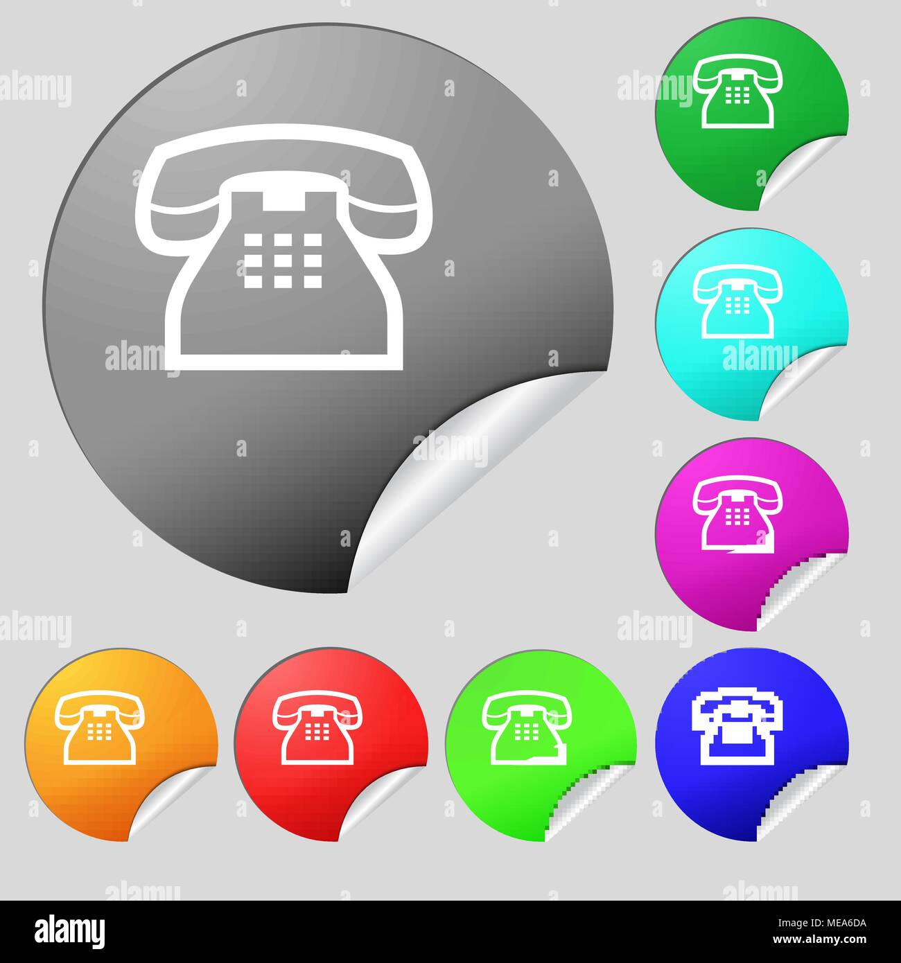 retro telephone handset icon sign. Set of eight multi colored round ...