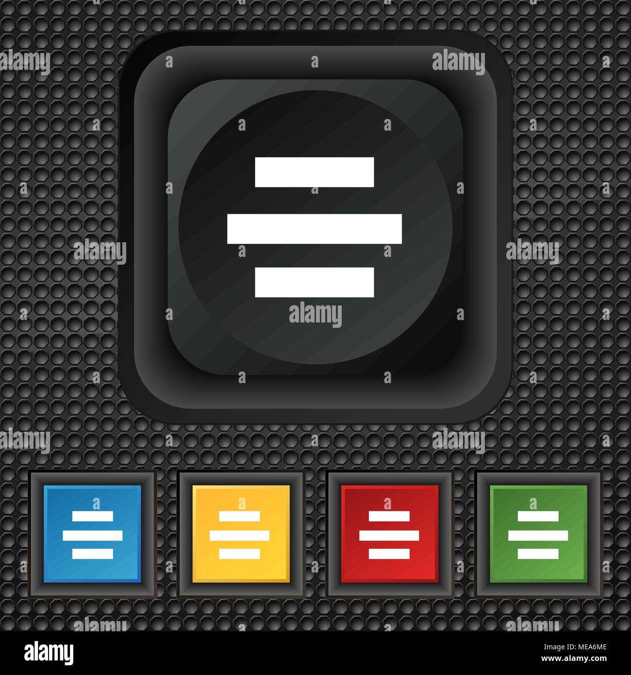 Center alignment icon sign. symbol Squared colourful buttons on black